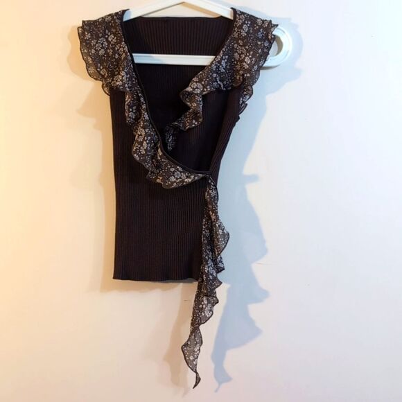 Wrap effect body fit silk blend Mocha brown top stretchy with silk raffl… - Picture 2 of 14